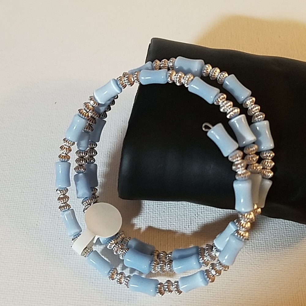 Blue Bead Silver Beaded Springy Bracelet